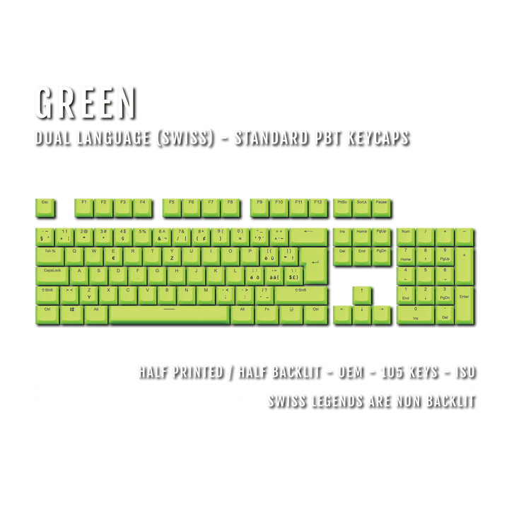 Green PBT Swiss Keycaps - ISO-CH - 100% Size - Dual Language Keycaps - kromekeycaps