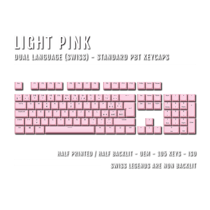 Light Pink PBT Swiss Keycaps - ISO-CH - 100% Size - Dual Language Keycaps - kromekeycaps