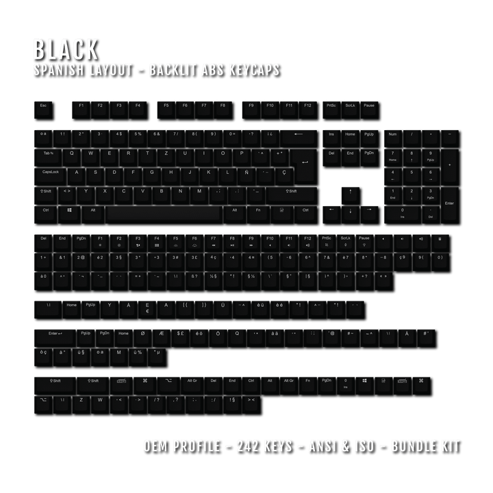 Black Spanish (ISO-ES) Backlit ABS Keycaps for Windows & Mac Krome Keycaps LTD spanish