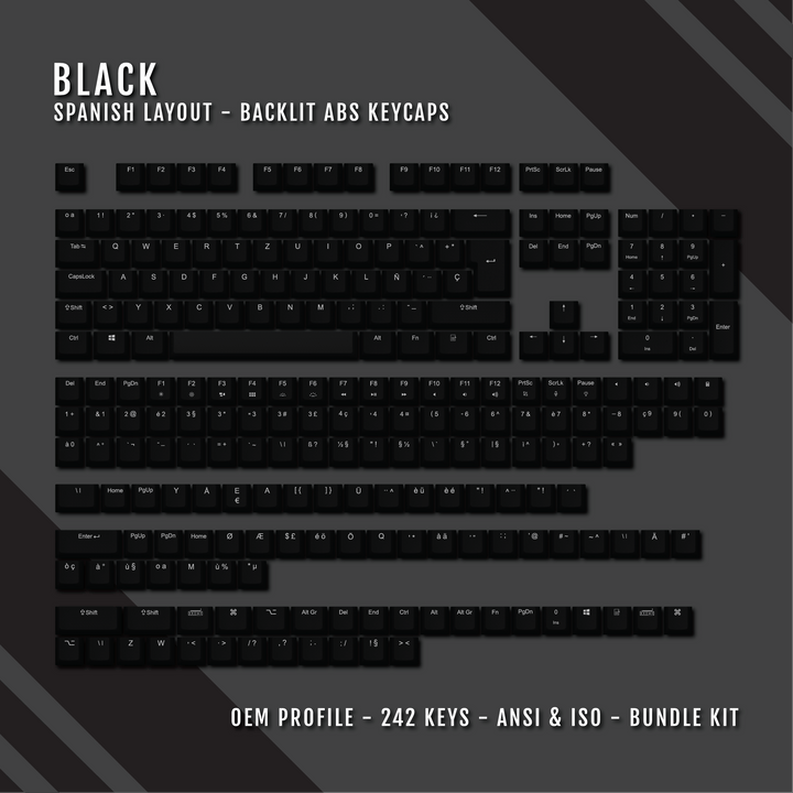 Black Spanish (ISO-ES) Backlit ABS Keycaps for Windows & Mac Krome Keycaps LTD spanish