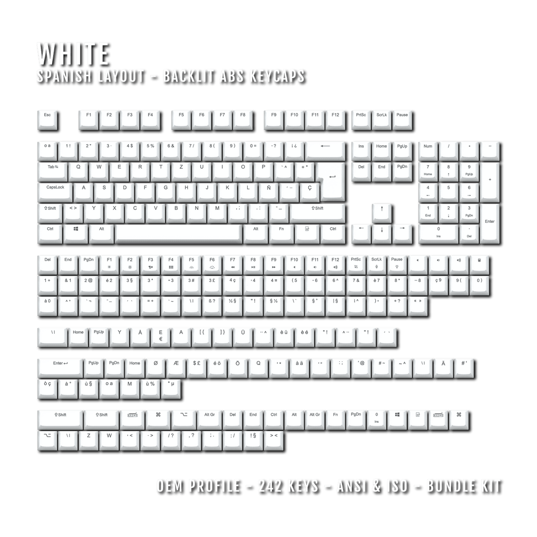 White Spanish (ISO-ES) Backlit ABS Keycaps for Windows & Mac Krome Keycaps LTD spanish