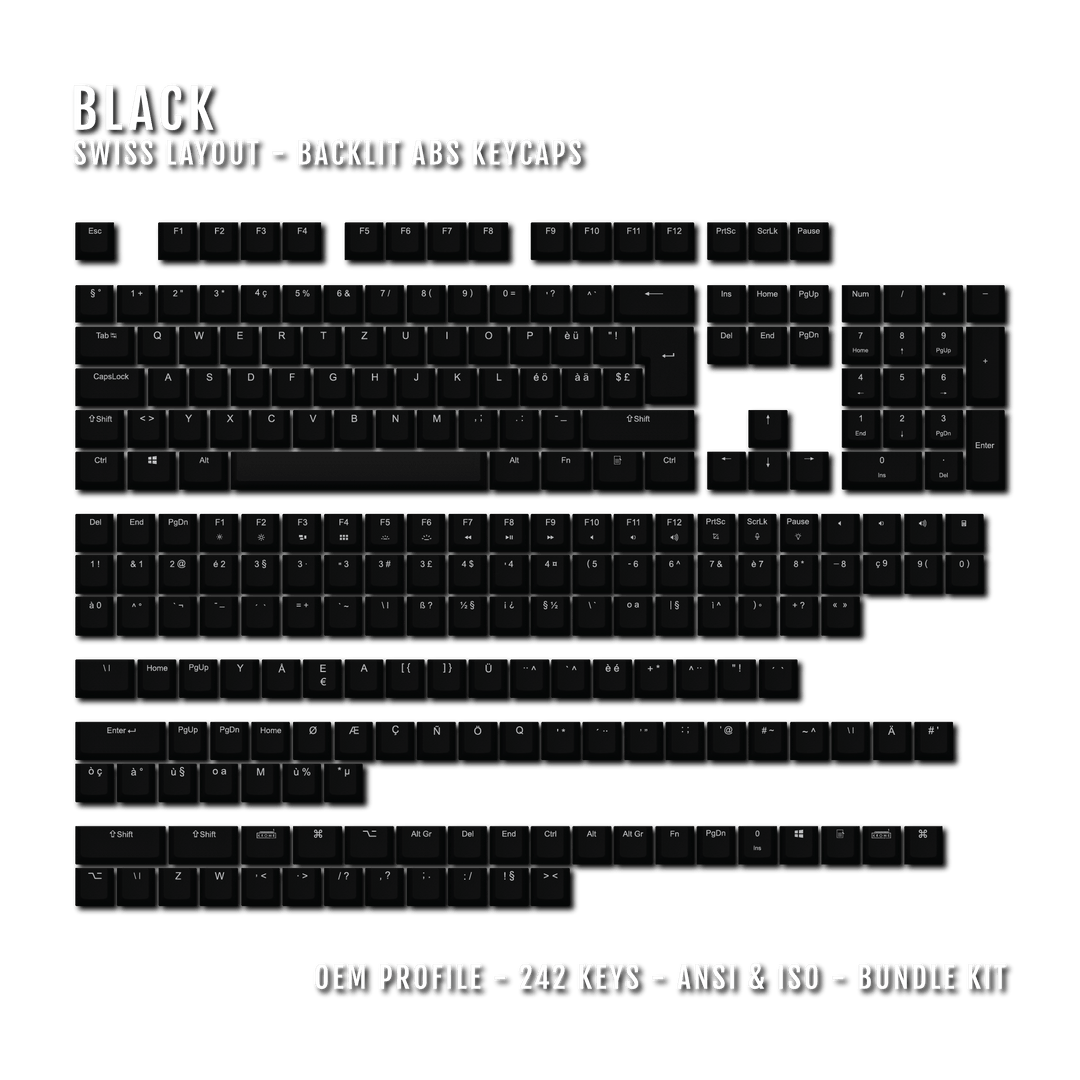 Black Swiss (ISO-CH) Backlit ABS Keycaps for Windows & Mac Krome Keycaps LTD swiss