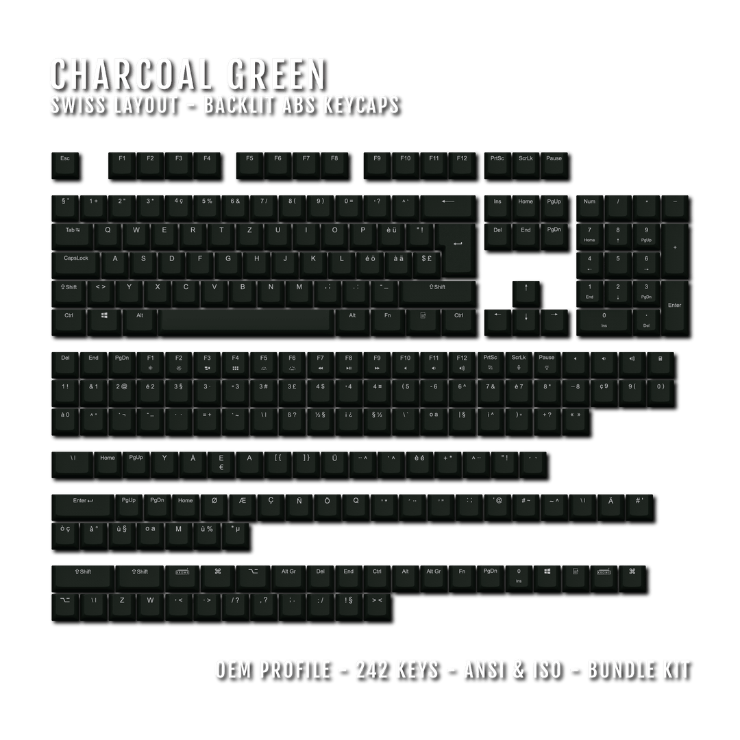 Charcoal Green Swiss (ISO-CH) Backlit ABS Keycaps for Windows & Mac Krome Keycaps LTD swiss