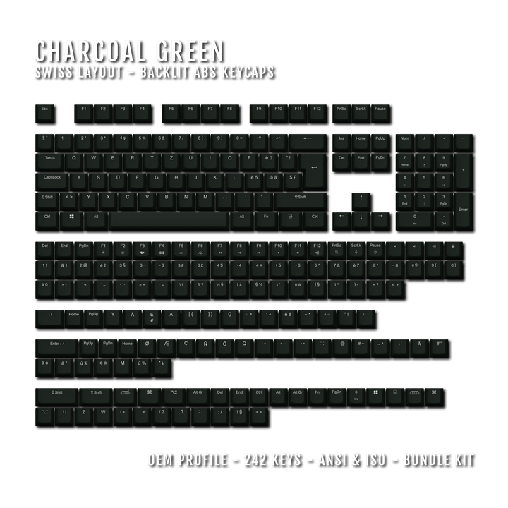 Charcoal Green Swiss (ISO-CH) Backlit ABS Keycaps for Windows & Mac Krome Keycaps LTD swiss