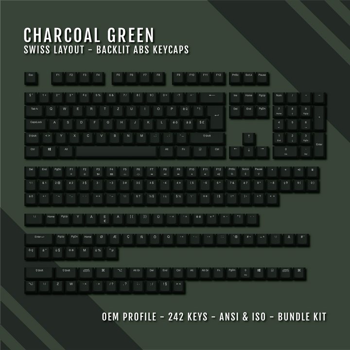 Charcoal Green Swiss (ISO-CH) Backlit ABS Keycaps for Windows & Mac Krome Keycaps LTD swiss