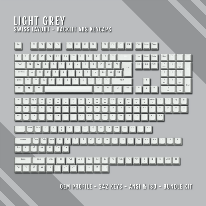 Light Grey Swiss (ISO-CH) Backlit ABS Keycaps for Windows & Mac Krome Keycaps LTD swiss