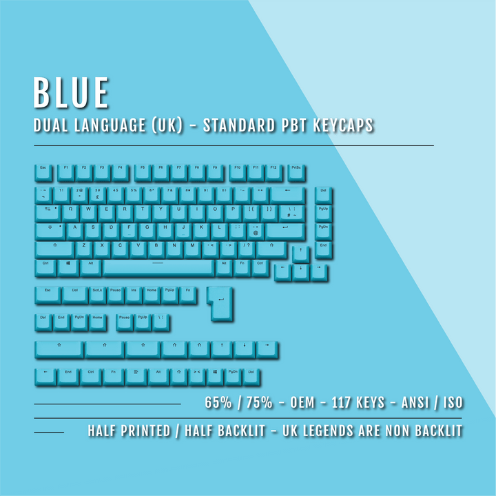 Blue UK Dual Language PBT Keycaps - 65/75% Krome Keycaps LTD Single Colour, UK