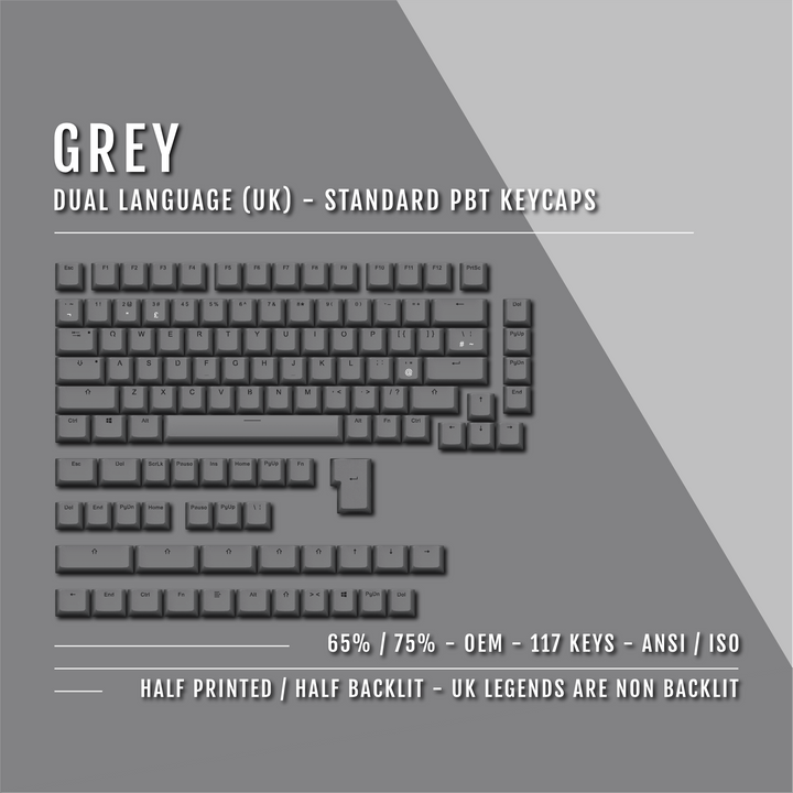 Grey UK Dual Language PBT Keycaps - 65/75% Krome Keycaps LTD Single Colour, UK