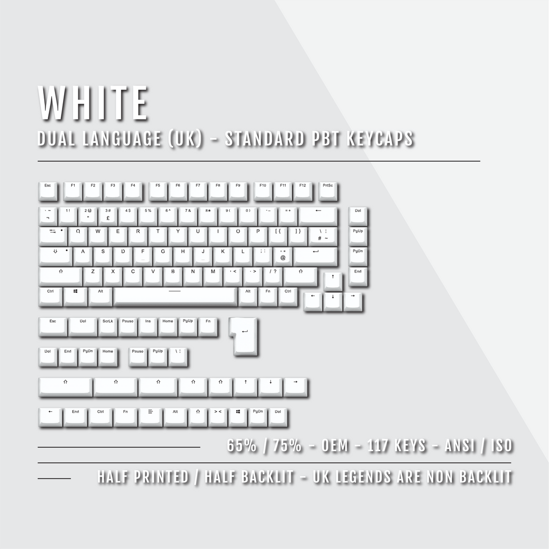 White UK Dual Language PBT Keycaps - 65/75% Krome Keycaps LTD Single Colour, UK