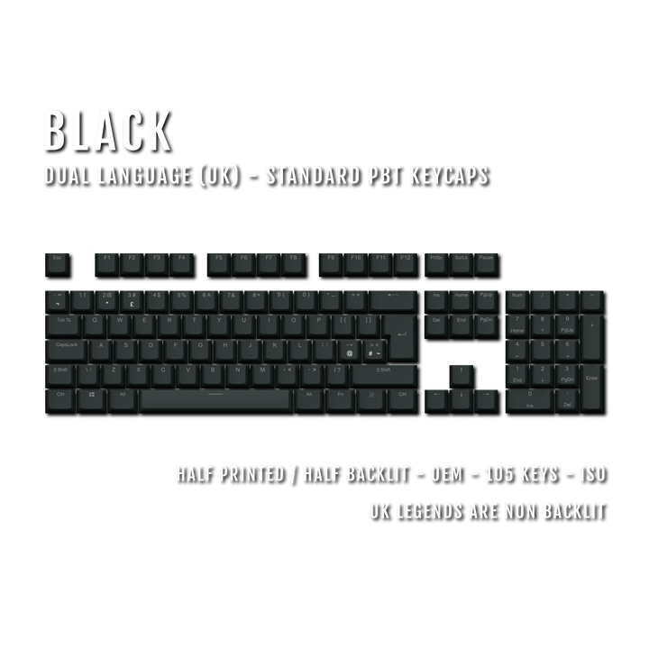 UK Black PBT Keycaps - ISO/ANSI - 100% Size - Dual Language Keycaps - kromekeycaps