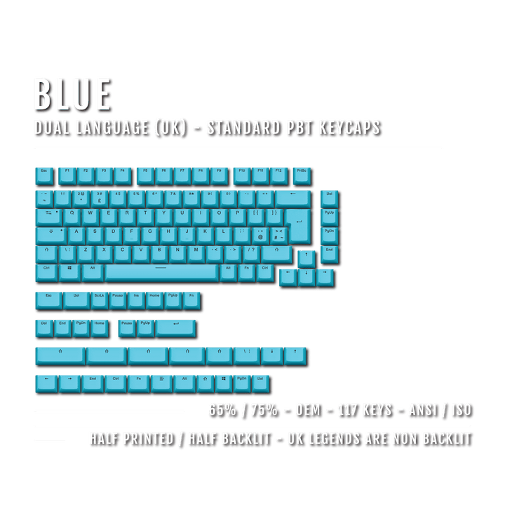 Blue UK Dual Language PBT Keycaps - 65/75% Krome Keycaps LTD Single Colour, UK