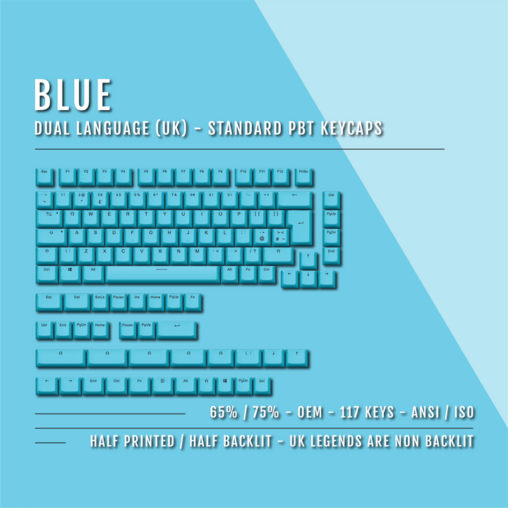 Blue UK Dual Language PBT Keycaps - 65/75% Krome Keycaps LTD Single Colour, UK