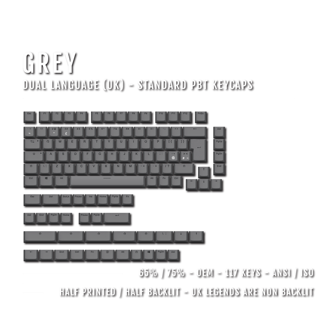 Grey UK Dual Language PBT Keycaps - 65/75% Krome Keycaps LTD Single Colour, UK