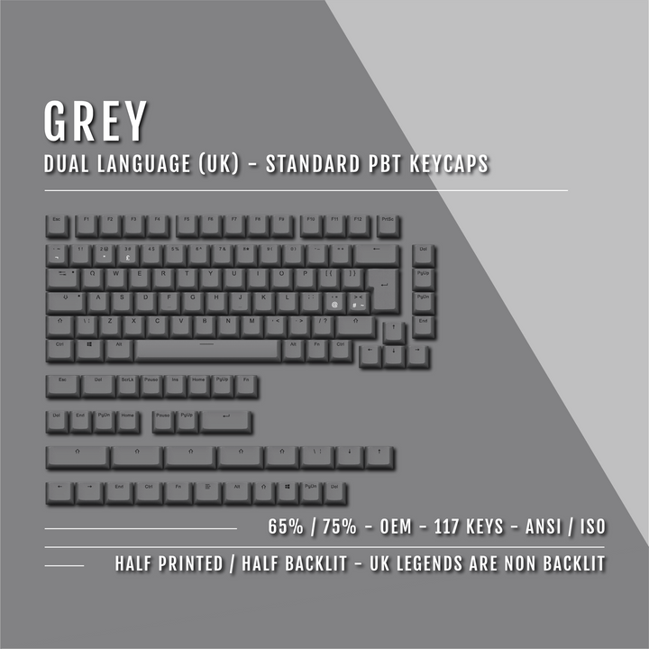 Grey UK Dual Language PBT Keycaps - 65/75% Krome Keycaps LTD Single Colour, UK