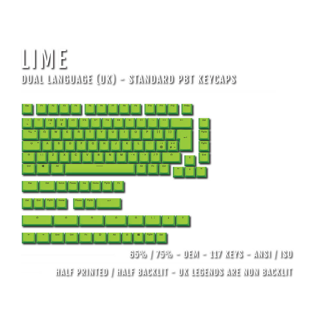 Lime UK Dual Language PBT Keycaps - 65/75% Krome Keycaps LTD Single Colour, UK