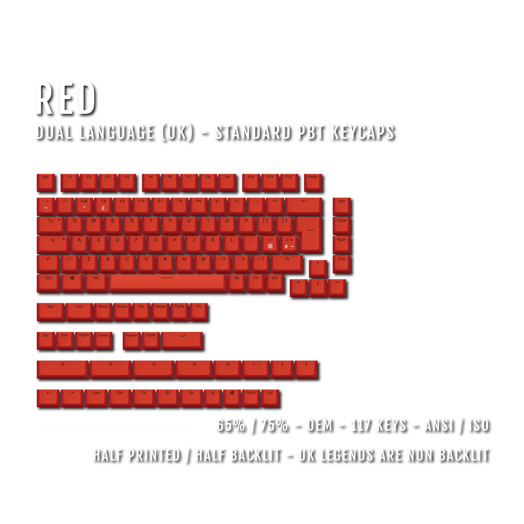 UK Red PBT Keycaps - ISO/ANSI - 65/75% Sizes - Dual Language Keycaps - kromekeycaps