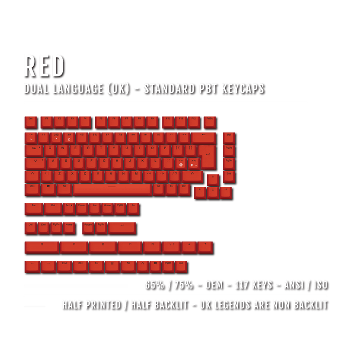 UK Red PBT Keycaps - ISO/ANSI - 65/75% Sizes - Dual Language Keycaps - kromekeycaps