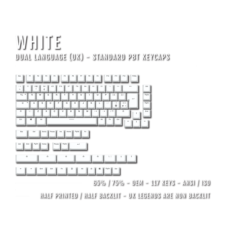 White UK Dual Language PBT Keycaps - 65/75% Krome Keycaps LTD Single Colour, UK