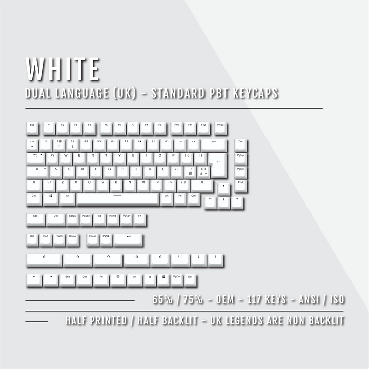 White UK Dual Language PBT Keycaps - 65/75% Krome Keycaps LTD Single Colour, UK