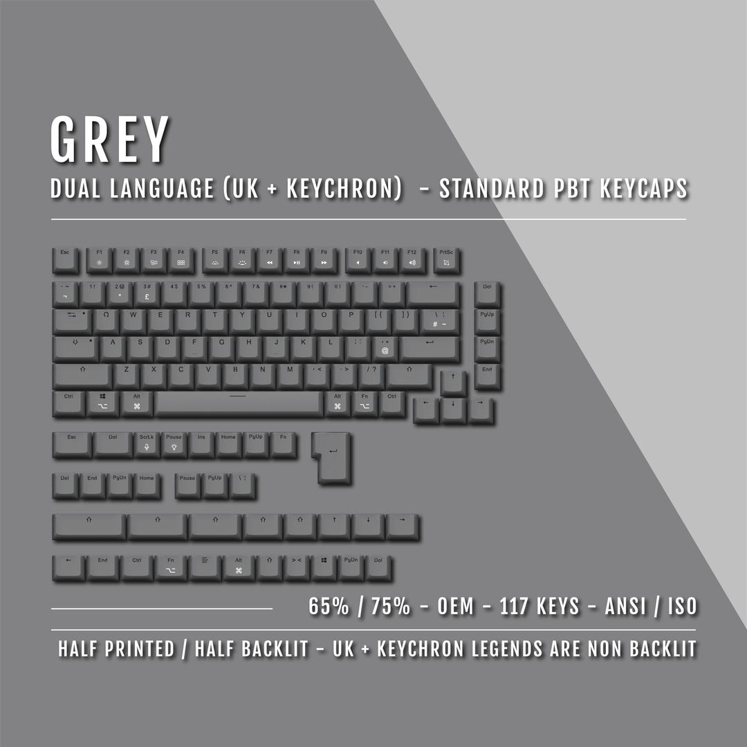 Grey UK & Keychron (Layout) Dual Language PBT Keycaps - 65/75% Krome Keycaps LTD mac & multimedia