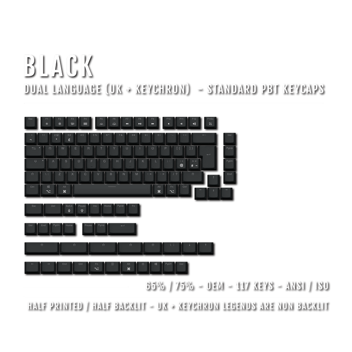 Black UK & Keychron (Layout) Dual Language PBT Keycaps - 65/75% Krome Keycaps LTD mac & multimedia