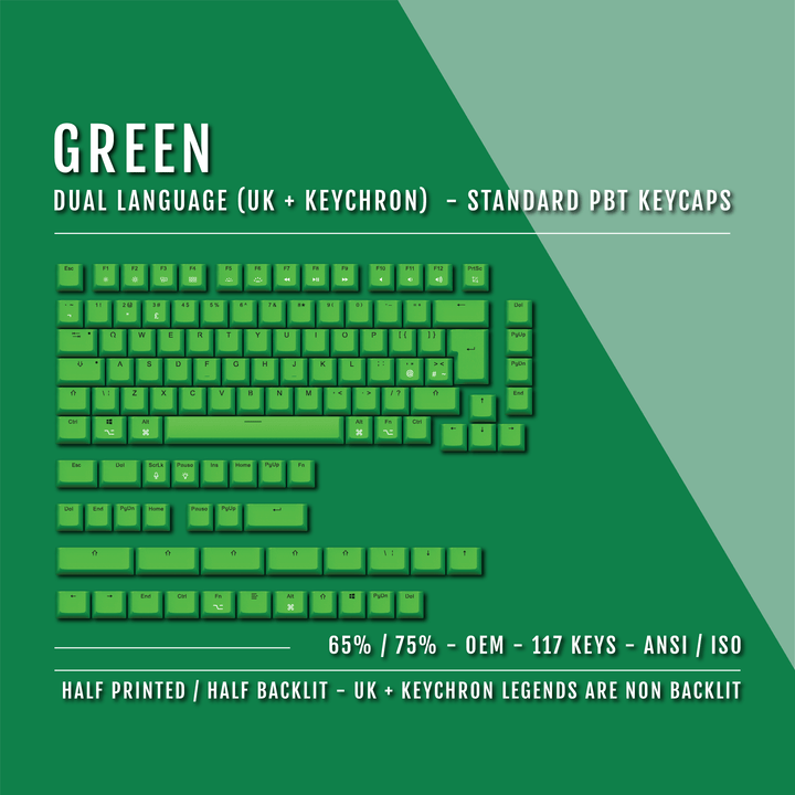 Green UK & Keychron (Layout) Dual Language PBT Keycaps - 65/75% Krome Keycaps LTD mac & multimedia