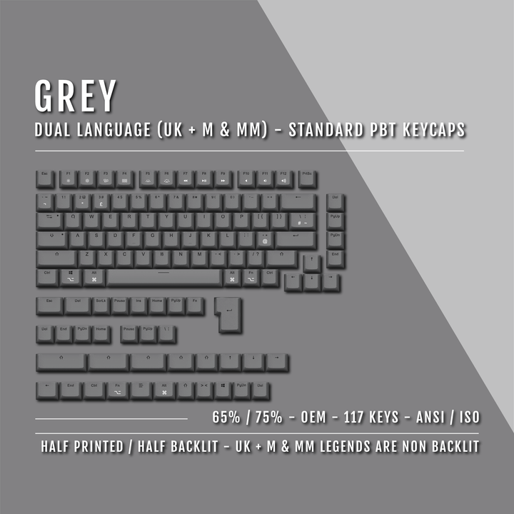 Grey UK & Mac/Multimedia Dual Language PBT Keycaps - 65/75% Krome Keycaps LTD mac & multimedia