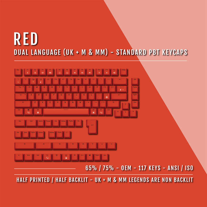Red UK & Mac/Multimedia Dual Language PBT Keycaps - 65/75% Krome Keycaps LTD mac & multimedia