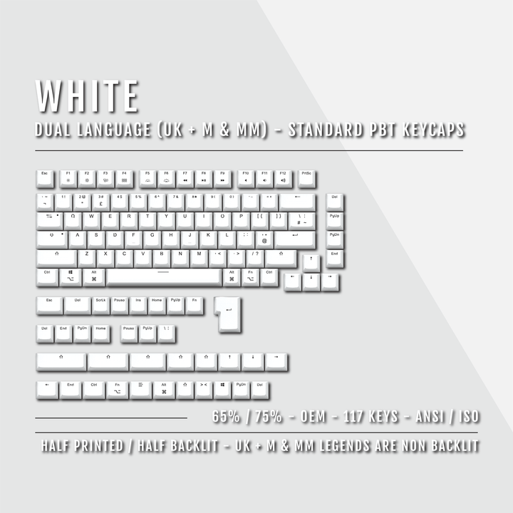 White UK & Mac/Multimedia Dual Language PBT Keycaps - 65/75% Krome Keycaps LTD mac & multimedia