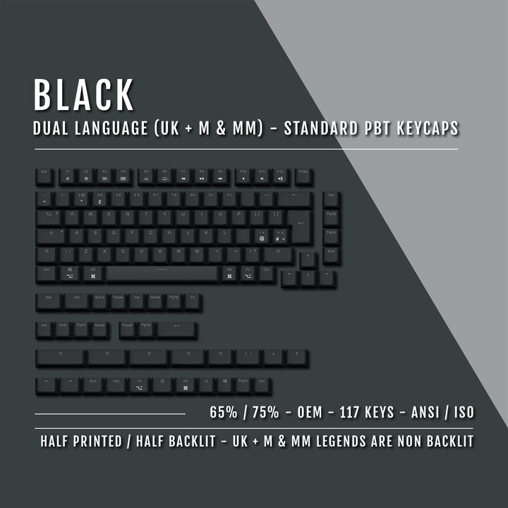 Black UK & Mac/Multimedia Dual Language PBT Keycaps - 65/75% Krome Keycaps LTD mac & multimedia