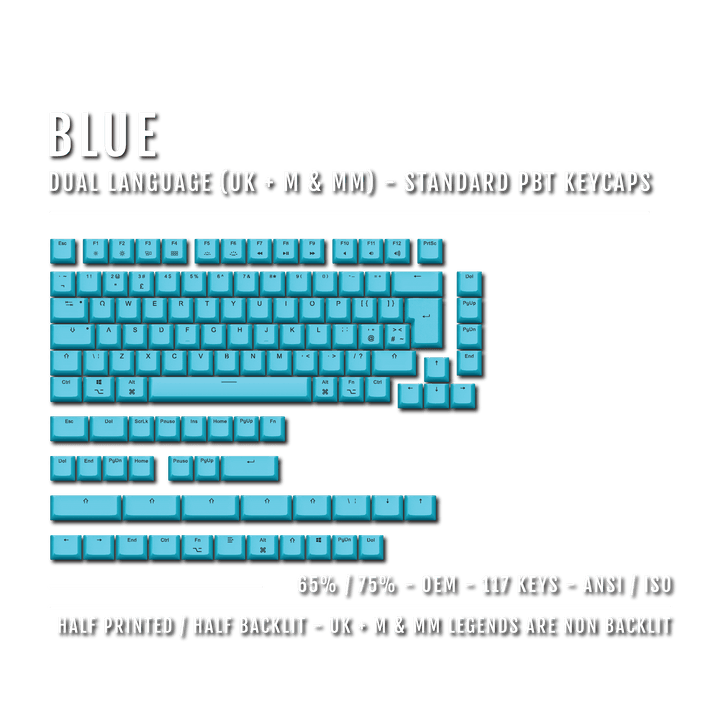 Blue UK & Mac/Multimedia Dual Language PBT Keycaps - 65/75% Krome Keycaps LTD mac & multimedia