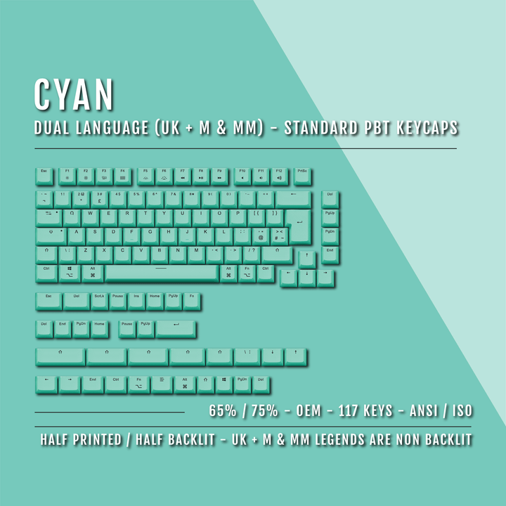 Cyan UK & Mac/Multimedia Dual Language PBT Keycaps - 65/75% Krome Keycaps LTD mac & multimedia