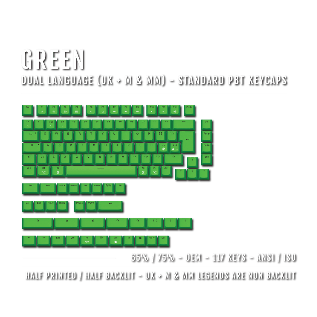 Green UK & Mac/Multimedia Dual Language PBT Keycaps - 65/75% Krome Keycaps LTD mac & multimedia