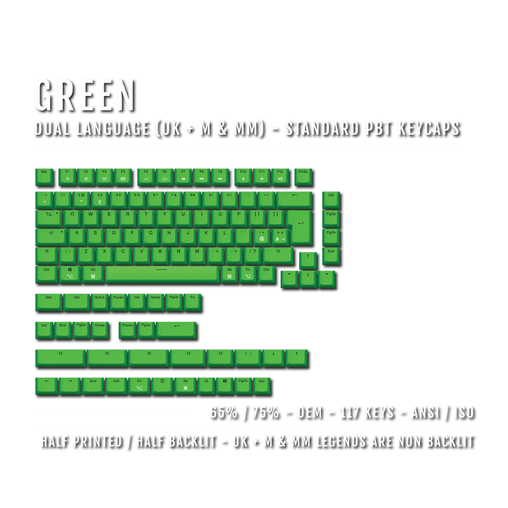 Green UK & Mac/Multimedia Dual Language PBT Keycaps - 65/75% Krome Keycaps LTD mac & multimedia