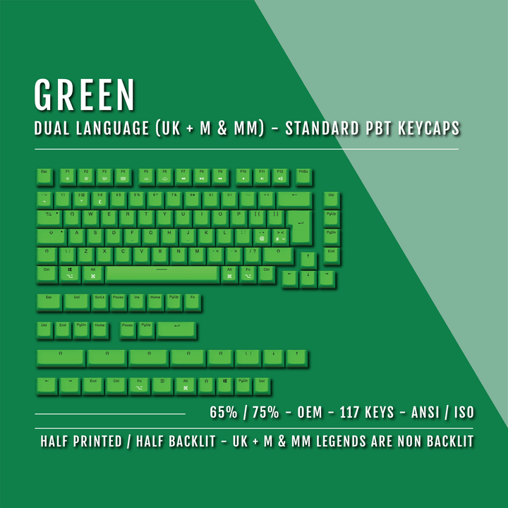 Green UK & Mac/Multimedia Dual Language PBT Keycaps - 65/75% Krome Keycaps LTD mac & multimedia