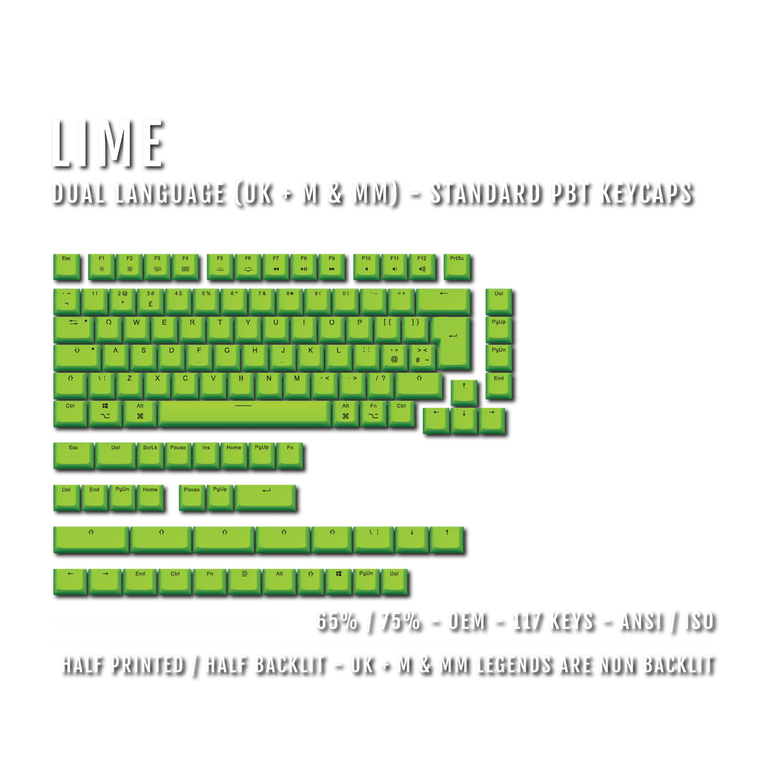 UK Lime PBT Mac & Multimedia Keycaps - 65/75% Sizes - Dual Language Keycaps - kromekeycaps