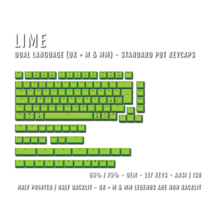 Lime UK & Mac/Multimedia Dual Language PBT Keycaps - 65/75% Krome Keycaps LTD mac & multimedia