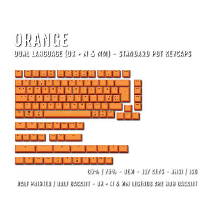 Orange UK & Mac/Multimedia Dual Language PBT Keycaps - 65/75% Krome Keycaps LTD mac & multimedia