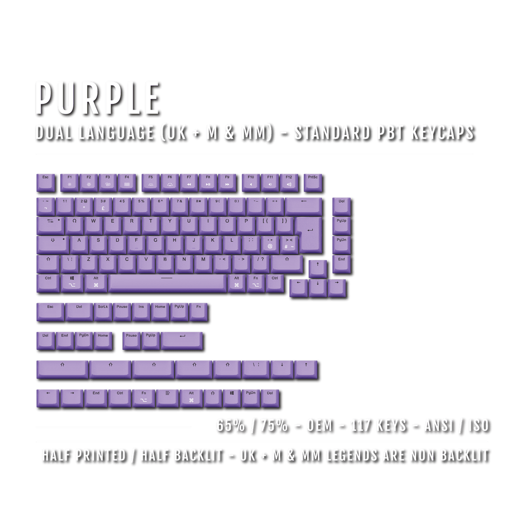 Purple UK & Mac/Multimedia Dual Language PBT Keycaps - 65/75% Krome Keycaps LTD mac & multimedia