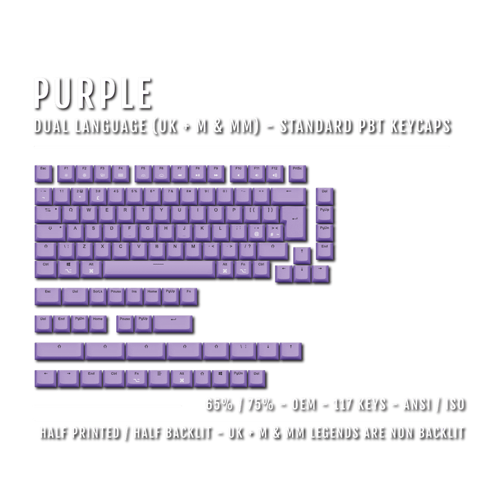 Purple UK & Mac/Multimedia Dual Language PBT Keycaps - 65/75% Krome Keycaps LTD mac & multimedia