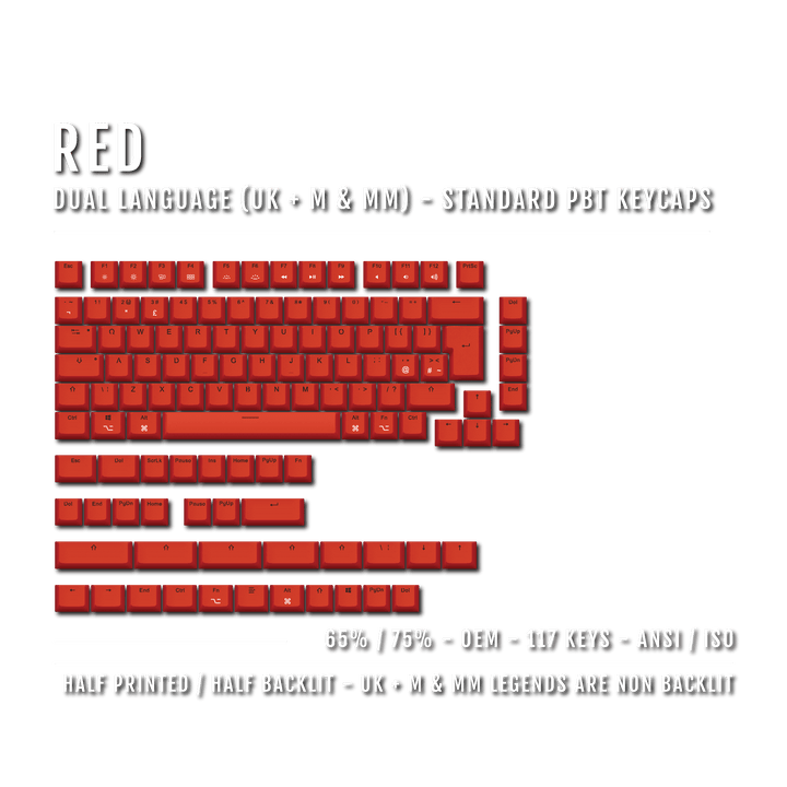 Red UK & Mac/Multimedia Dual Language PBT Keycaps - 65/75% Krome Keycaps LTD mac & multimedia