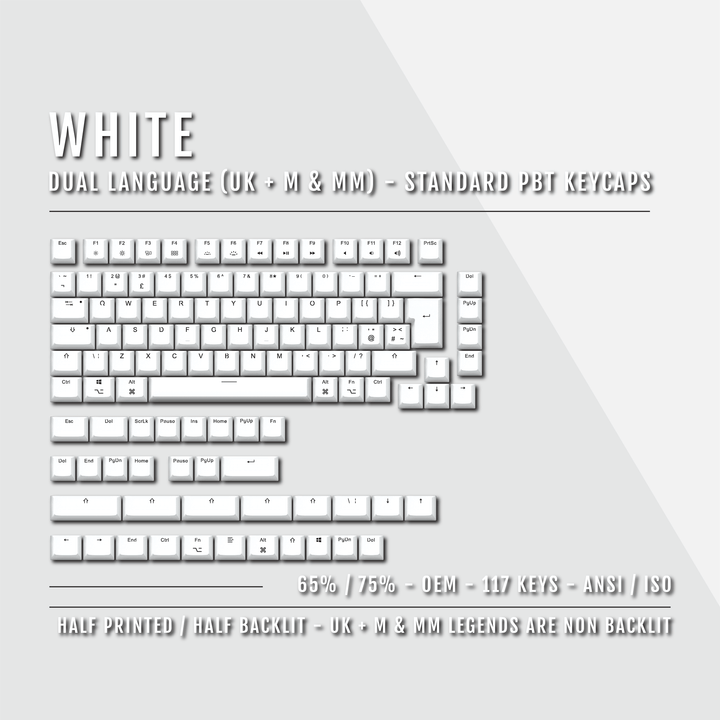 White UK & Mac/Multimedia Dual Language PBT Keycaps - 65/75% Krome Keycaps LTD mac & multimedia