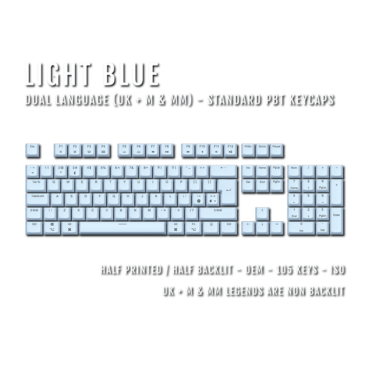 UK Light Blue PBT Mac & Multimedia Keycaps - 100% Size - Dual Language Keycaps - kromekeycaps