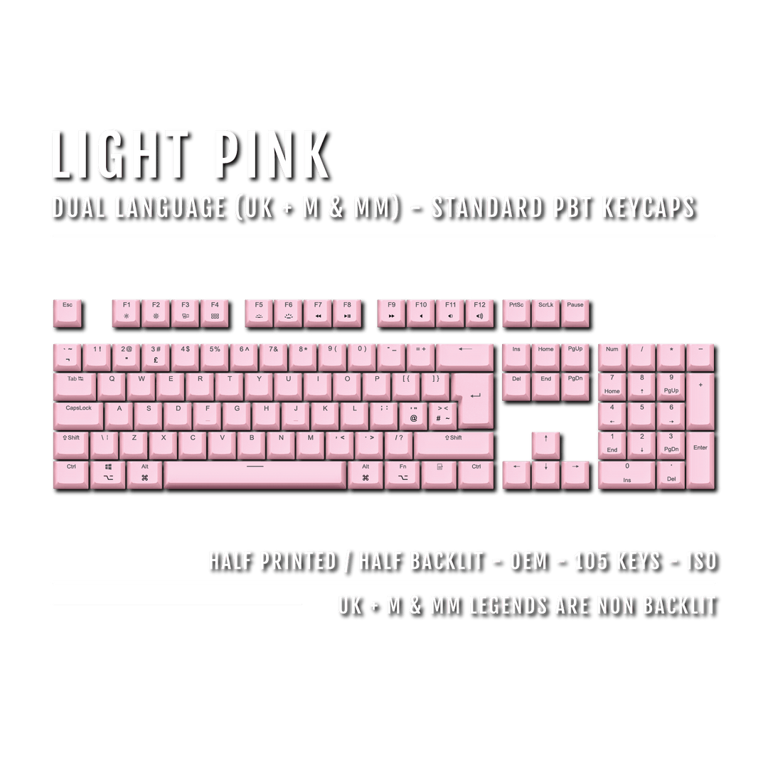 UK Light Pink PBT Mac & Multimedia Keycaps - 100% Size - Dual Language Keycaps - kromekeycaps