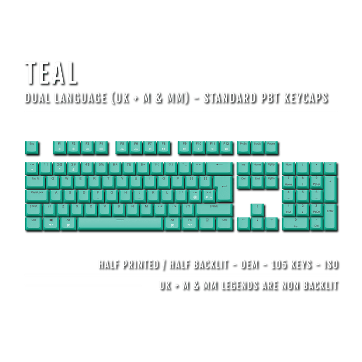 UK Teal PBT Mac & Multimedia Keycaps - 100% Size - Dual Language Keycaps - kromekeycaps