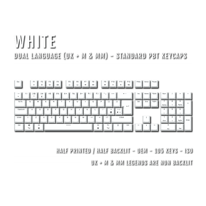 UK White PBT Mac & Multimedia Keycaps - 100% Size - Dual Language Keycaps - kromekeycaps