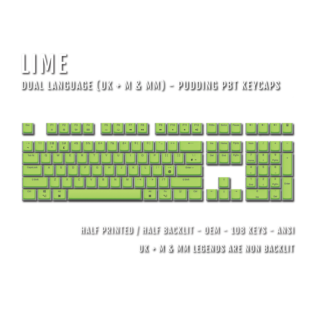 Lime UK & Mac/Multimedia Dual Language PBT Pudding Keycaps Krome Keycaps LTD Mac & Multimedia Pudding