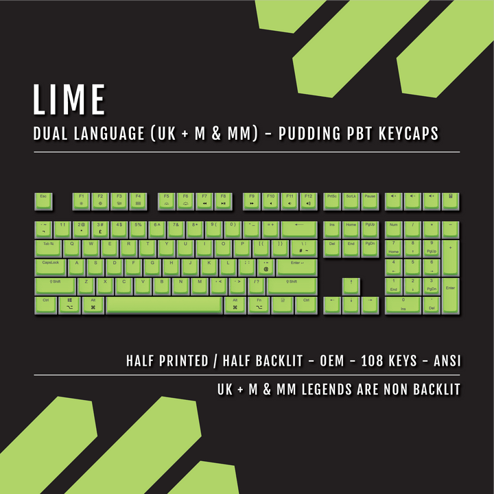 Lime UK & Mac/Multimedia Dual Language PBT Pudding Keycaps Krome Keycaps LTD Mac & Multimedia Pudding