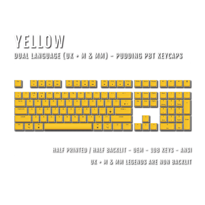 Yellow UK & Mac/Multimedia Dual Language PBT Pudding Keycaps Krome Keycaps LTD Mac & Multimedia Pudding