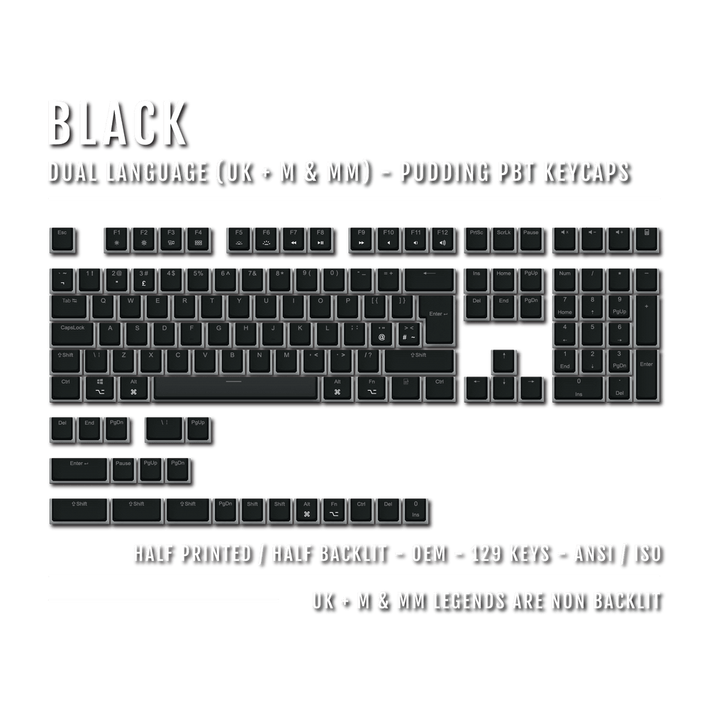 Black UK & Mac/Multimedia Dual Language PBT Pudding Keycaps Krome Keycaps LTD Mac & Multimedia Pudding